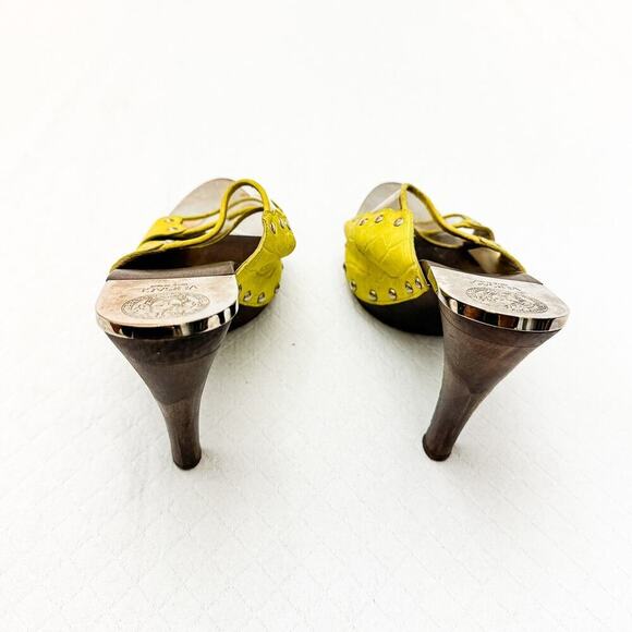 Versace Vintage Platform Mules Bright Yellow Wooden Heel Peep Toe Size 6 - Picture 2 of 5